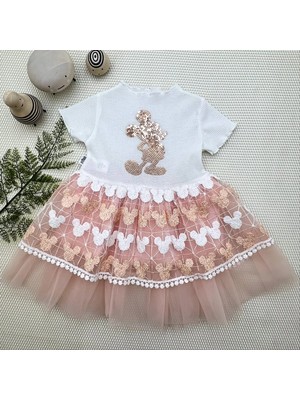 Veraura Lifestyle 1-2-3 Yaş Payetli Mickey Baskılı Brode Etekli Kız Bebek Elbisesi Pudra