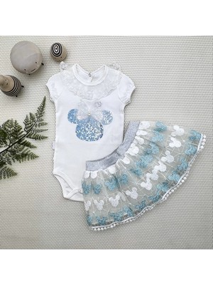Veraura Lifestyle 1-2-3 Yaş Payetli Mickey Nakışlı Kısa Kollu Brode Etekli 2li Kız Bebek Takımı Turkuaz
