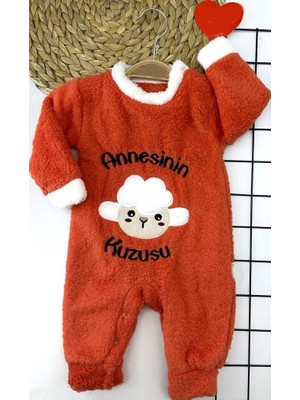 Veraura Lifestyle 3-6-9-12 Ay Kuzu Tüylü Kumaş Annesinin Kuzusu Nakışlı Alttan Çıtçıtlı Kız Erkek Bebek Tulumu Turuncu