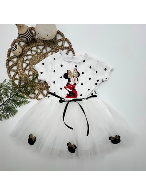 Veraura Lifestyle 2-3-4 Yaş Puantiyeli Mickey Baskılı Kurdela Kuşaklı Astarlı Kız Bebek Tütü Elbisesi Beyaz