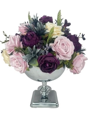 Nettenevime Yapay Çiçek Aranjmanı Büyük Boy Mürdüm Pembe Tonlar Gümüş Metal Vazolu Arajman