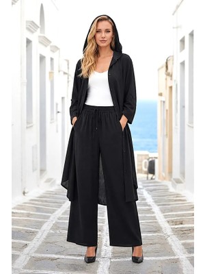 Veraura Lifestyle Siyah Kapüşonlu Gömlek Pantolon Ikili Keten Takım