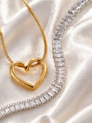 Seyn Accessory  Kadın Çelik Kararmaz 2li Set Gold Kalp Kolye ve Su Yolu Bileklik Takımı