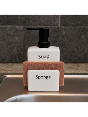 Modern Banyo Mutfak Seramik Sabunluk ve Süngerlik Seti, Beyaz, 380ML Dispenser, Siyah Pompalı, 9x7