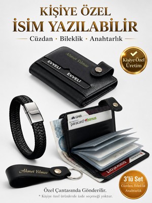 Evveli Kişiye Özel Erkek Cüzdan Kartlık Seti | Siyah Deri Bileklik & Anahtarlık Hediyelik