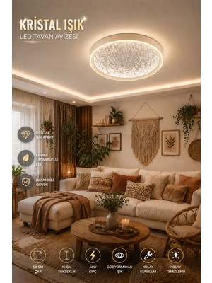 Elvora Home Modern (Premium) Kumandalı 3 Renkli Plafonyer Kristal Efektli Ledli 46W Tavan Avize Salon Mutfak Oturma Odası Avizesi Modelleri