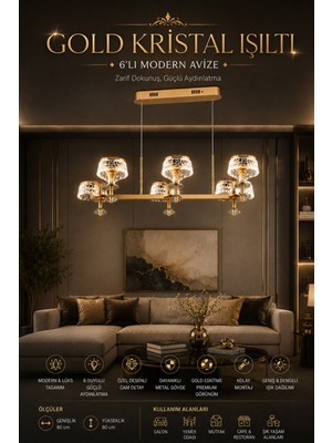 Elvora Home Modern (Premium) 6'lı Gold 3 Renkli Şık Ledli 28W Sarkıt Avizesi Salon Mutfak Oturma Odası Modelleri