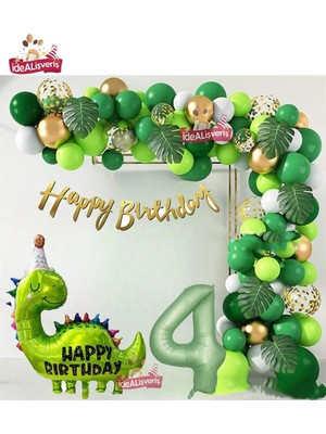 Happy Birthday Yazılı Dinozor 4 Yaş Folyo Balonlu Yeşil Gold Beyaz Doğum Günü Parti Seti