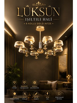Elvora Home Modern (Premium) 8'li Gold 3 Renkli Şık Ledli 45W Sarkıt Avize Salon Mutfak Oturma Odası Avizesi Modelleri