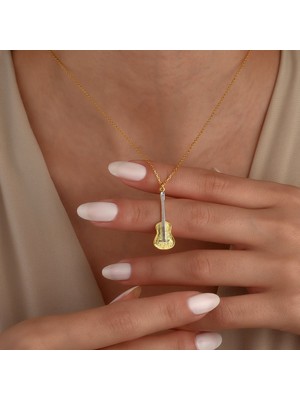 Nox Jewelry 14 Ayar Altın Mikron Kaplama 925 Ayar Gümüş Gitar Kolye - CN00494