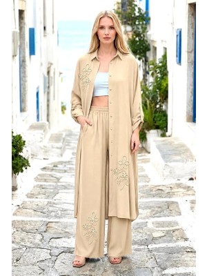 Veraura Lifestyle Bej Çiçek Nakışlı Gömlek Elbise Pantolon Takım