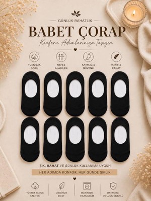 Çorap Vitrini Premium 10'lu Paket Siyah Babet Çorap Seti - Kaymaz Jel Tabanlı, Yüksek Pamuklu ve Nefes Alabilir Comfort Serisi