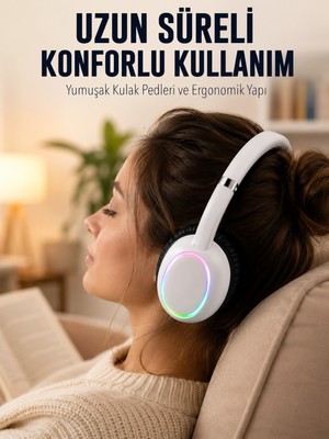 tp Beyaz Kablosuz Bluetooth Kulaklık Mikrofonlu Ergonomik Kulak Üstü Tasarım - Lisinya