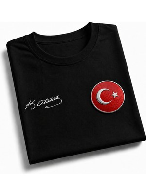 Teknik Türk Bayrağı Baskılı ( Metalize Hologramlı ) Atatürk Imzalı Türkiye Tişört
