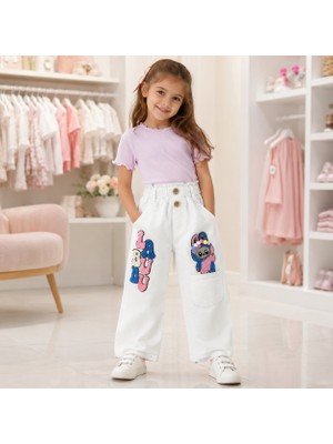 Tace Kids Kız Çocuk Beyaz Karakter Aplikeli Bol Paça Pantolon 2-5 Yaş