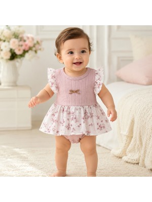 Tace Kids Kız Bebek Çıtçıtlı Body Çiçekli Fırfırlı Pudra Pembe Elbise Görünümlü