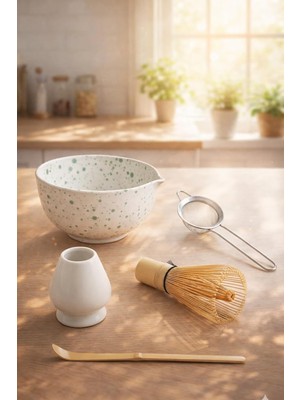 5 Parça Profesyonel Matcha Hazırlama Seti - Çelik Süzgeç, Bambu Çırpıcı, Kase, Tutucu ve Kaşık