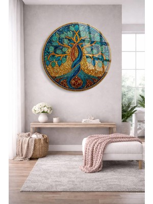 Taulart Mozaik Desen Hayat Ağacı Detaylı Modern Tasarım Lüks Yuvarlak Cam Tablo