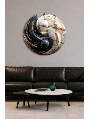 Taulart Siyah Beyaz Yin Yang Model Tasarım Gold Detaylarla Modern Şık Yuvarlak Cam Tablo