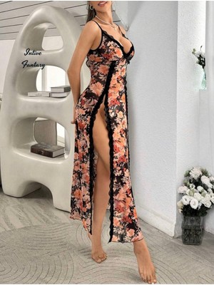 Intive Lingerie Intive Fantasy Siyah Dantel Detaylı Çiçek Desenli Yan Derin Yırtmaçlı V Yaka Maksi Gecelik