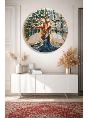 Taulart Mozaik Desen Hayat Ağacı Detaylı Modern Tasarım Lüks Yuvarlak Cam Tablo