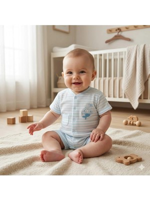 Erca Home Tekstil Ürünleri Mini Fox Yazlık %100 Pamuk Erkek Tulum 6 Ay,12 Ay,18 Ay Erkek Mavi