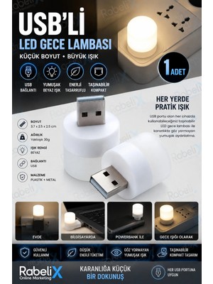 Rabelix 1 Adet Tak Çalıştır Mini USB LED Gece Lambası Beyaz Işık Taşınabilir USB Gece Işığı Laptop Powerbank Adaptör Uyumlu