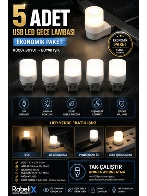 Rabelix 5 Adet Tak Çalıştır Mini USB LED Gece Lambası Beyaz Işık Taşınabilir USB Gece Işığı Laptop Powerbank Adaptör Uyumlu
