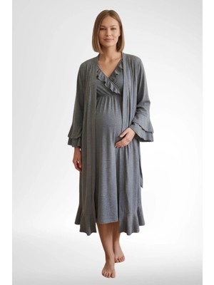 Mecit Pijama Mecit 6404 Füme Hamile Lohusa Sabahlıklı Gecelik Takım
