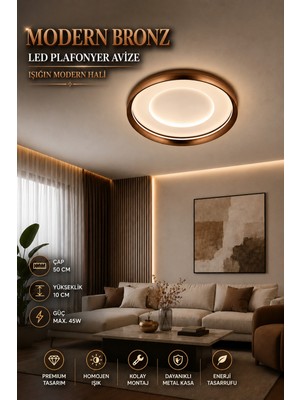 Elvora Home Modern (Premium) Bronz Ledli 45W 3 Renkli Dekoratif Tavan Plafonyer Salon Oturma Odası Yatak Odası Avizesi Modelleri