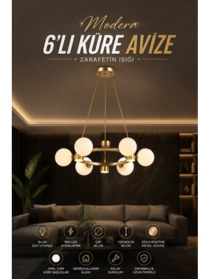 Elvora Home Modern (Premium) Gold Detaylı LED + G9DUYULU  6+6 LED 18W Opak Küreli Avize Salon Mutfak Sarkıt Avizesi Modelleri 6xg9 Duyulu