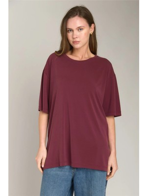 Lovely Things Arıana Yırtmaçlı Tişört Oversıze Üst Giyim Pijama Üstü - Bordo