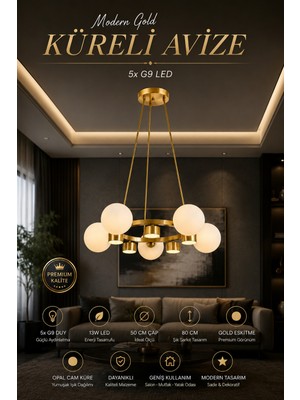 Elvora Home Modern (Premium) Gold Detaylı LED + G9DUYULU 5+5 LED 13W Opak Küreli Avize Salon Mutfak Sarkıt Avizesi Modelleri 5xg9 Duyulu