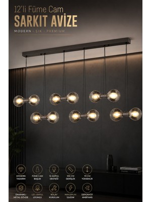 Elvora Home Eskitme (Premium) Ledli 240W Füme Cam Sarkıt Avize Yemek Masası Salon Avizesi Modelleri 12X20W