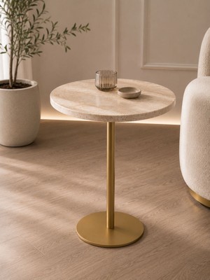 Zekmar Home Stone Doğaltaş Traverten Yan Sehpa / Mat Gold Metal Ayak
