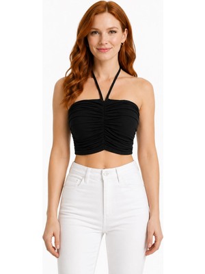 Neden Tekstil Kadın Siyah Straplez Crop Fit T-Shirt