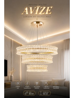 Elvora Home Modern (Premıum) 3 Katlı 3 Renkli Gold Lüks Kristal Taşlı Ledli 416W Sarkıt Avize Salon Mutfak Oturma Odası Avizesi Modelleri