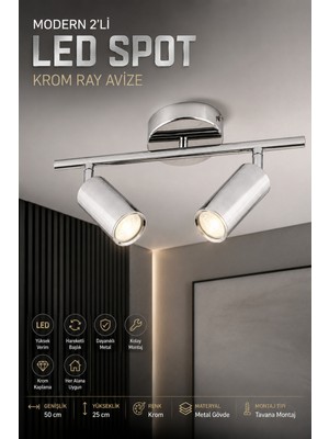 Elvora Home Eskitme (Premium) Silver 2’li Ray Spot Ledli 24W Ayarlanabilir Aydınlatma Armatürü Metal Gövde Salon Mutfak Koridor Tavan Aydınlatma Avizesi Modelleri