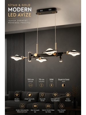 Elvora Home Modern (Premıum) 4 Kollu Siyah Gold Ledli 30W Sarkıt Avize Salon Odası Yemek Masası Üstü Avizesi Modelleri