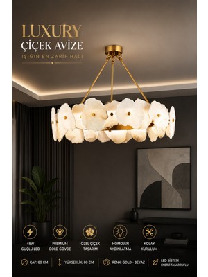 Elvora Home Modern (Premıum) Luxury Gold Çiçek Tasarımlı Sarkıt  Avize Ledli 48W Salon Oturma Odası Yatak Odası Avizesi Modelleri