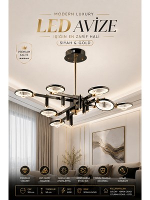 Elvora Home Modern (Premıum) Luxury 8 Kollu Gold Siyah Ledli 60W Avize Salon Yemek Odası Avizesi Modelleri