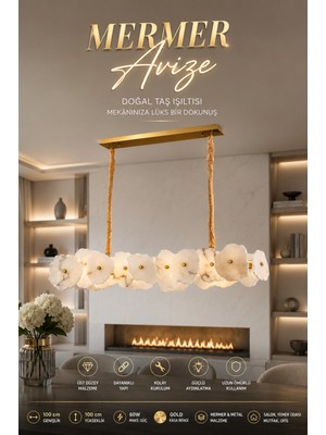Elvora Home Modern (Premıum) Çiçek Mermer Gold Kasa Doğal Taş Tasarım Ledli 60W Sarkıt Avize Yemek Masası Avizesi Modelleri