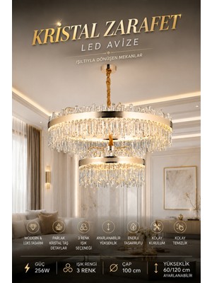 Elvora Home Modern (Premium) Gold Camlı Sarkıt Avize Gold Gövde Kristal Tasarım Lüks Salon Yemek Odası Oturma Odası Avizesi Modelleri 8XE14 Duyulu