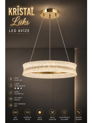 Elvora Home Modern (Premium) Kristal Taşlı Sarkıt Avize Gold Kasa Üç Renk Ledli 140W Lüks Salon Yemek Odası Oturma Odası Avizesi Modelleri