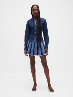 Gap Kadın Koyu Mavi Pileli Denim Mini Etek