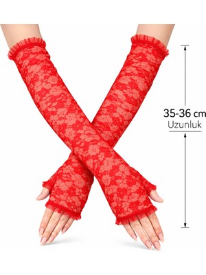 Vanch Uzun Zarif Dantel Eldiven Parmaksız Kırmızı 35 cm (5264)
