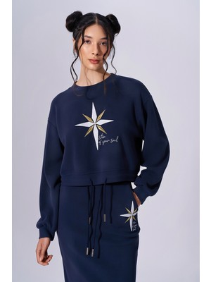 Kadın Pamuklu Baskılı Uzun Kollu Günlük Kullanım Lacivert Sweatshirt NAAR91305-LACİVERT