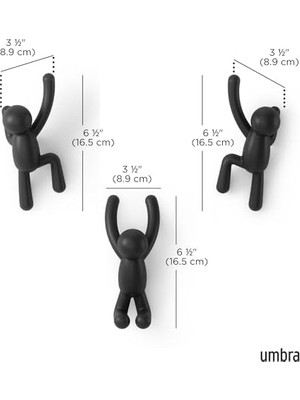 Umbra Buddy Kanca, Ceketler, Şallar, Çantalar, Sırt Çantası, Havlular ve Daha Fazlası Için Dekoratif Duvar Askısı, 3'lü Set, Siyah