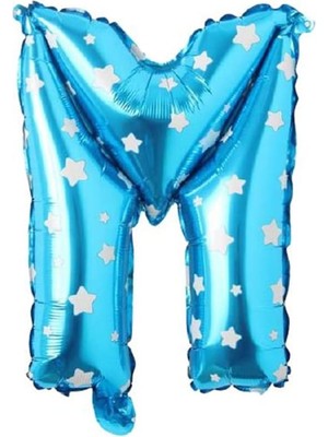 M Harfi 16 Inç Mavi Yıldızlı Renk Folyo Balon 36 cm (Mavi)
