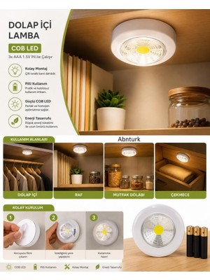 Abnturk Cob LED Dolap Içi Lamba – Basmalı Aç/kapa, Yapışkan Bantlı, 3x Aaa Pilli Aydınlatma